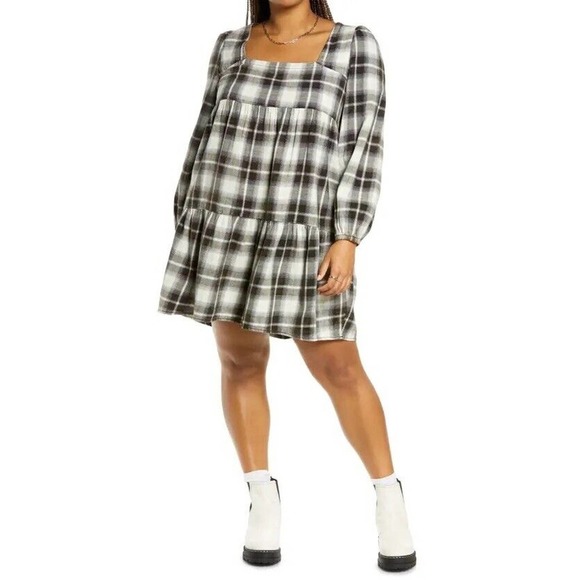 NWT BP Womens Marley Plaid Mini Dress Size Medium Irovy and Black Long‎ Sleeve - Picture 1 of 9